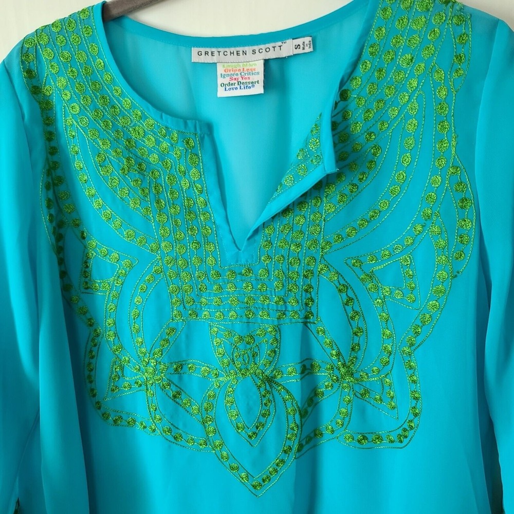 Gretchen Scott V Neck Embroidered Chiffon Tunic Top Sz S Blue Green 3/4 Slv FLAW - Picture 4 of 10